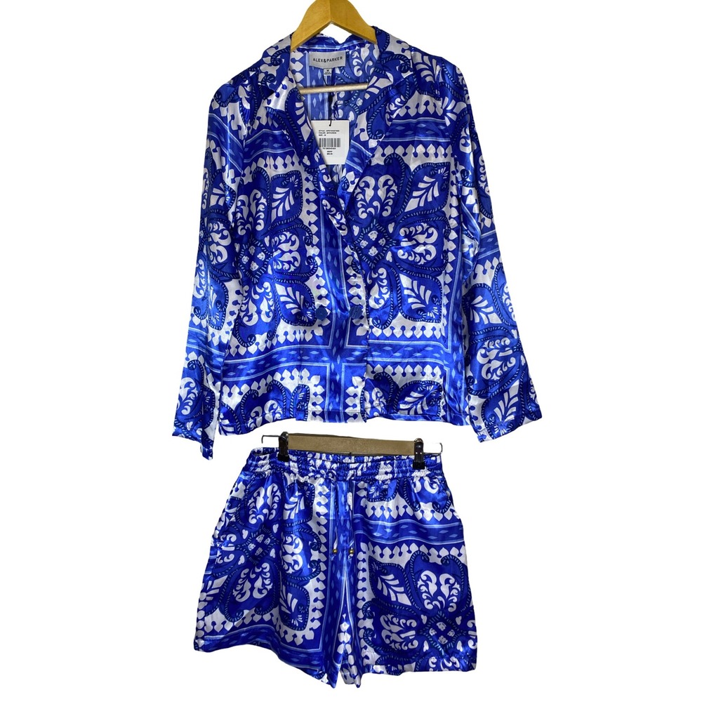 Alex & Parker Mykonos Blue White Tile Print Satin Pajama Set NWT Size M
